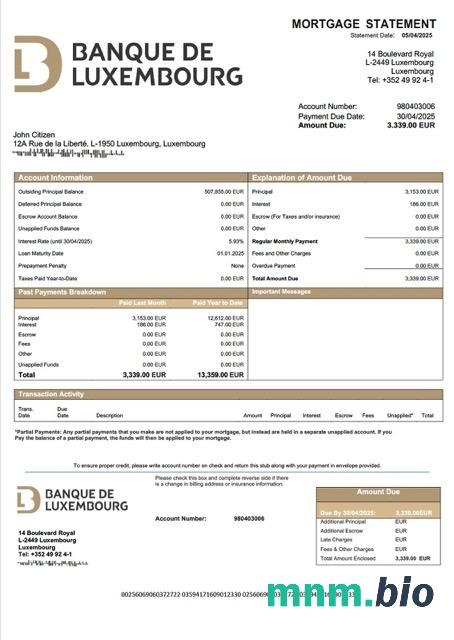 Luksemburg Banque de Luxembourg wyciąg z kredytu hipotecznego szablon Word i PDF